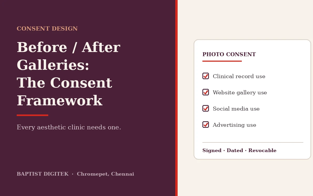 Patient photo consent form with separate permissions for clinical record, website gallery, social media and advertising use
