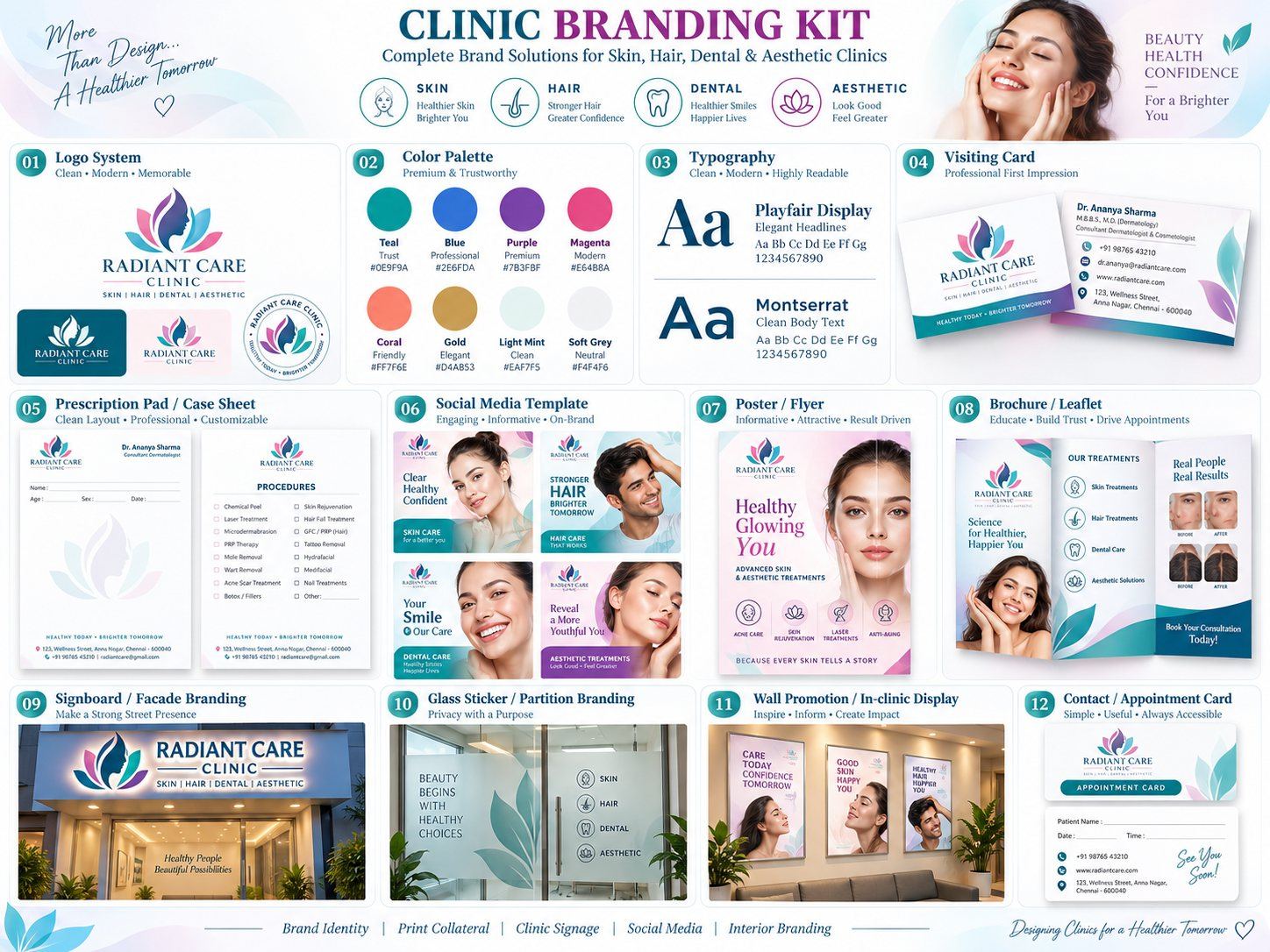 Concept clinic branding kit by Baptist Digitek — signage, print, social and interior branding