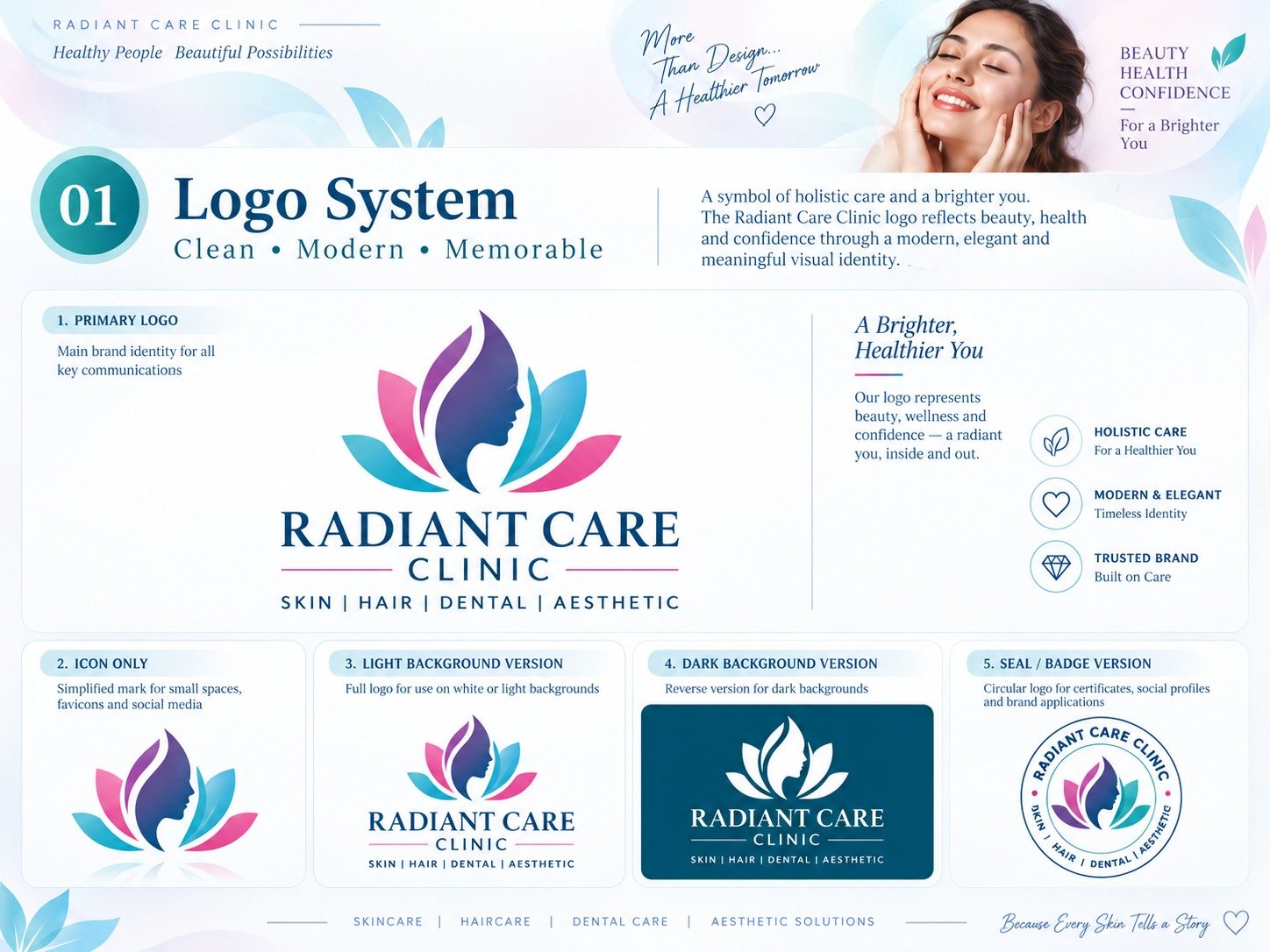 Concept clinic logo system showing primary logo, monogram, colour variations and stacked and horizontal lockups